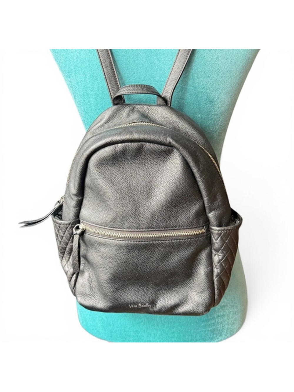 Vera Bradley Black Genuine Leather Mini Backpack Quilted Side Pockets
